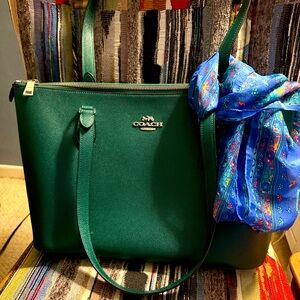 Coach Emerald Green Saffiano Leather Tote with Blue Scarf Accent